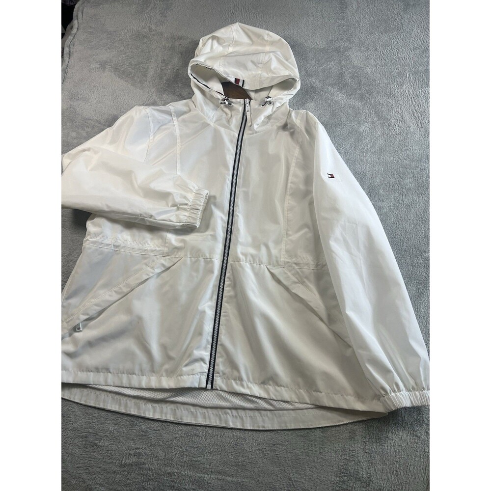 Tommy Hilfiger Women's White Hooded Rain Wndbrker XL Nautical Costal Boat Preppy